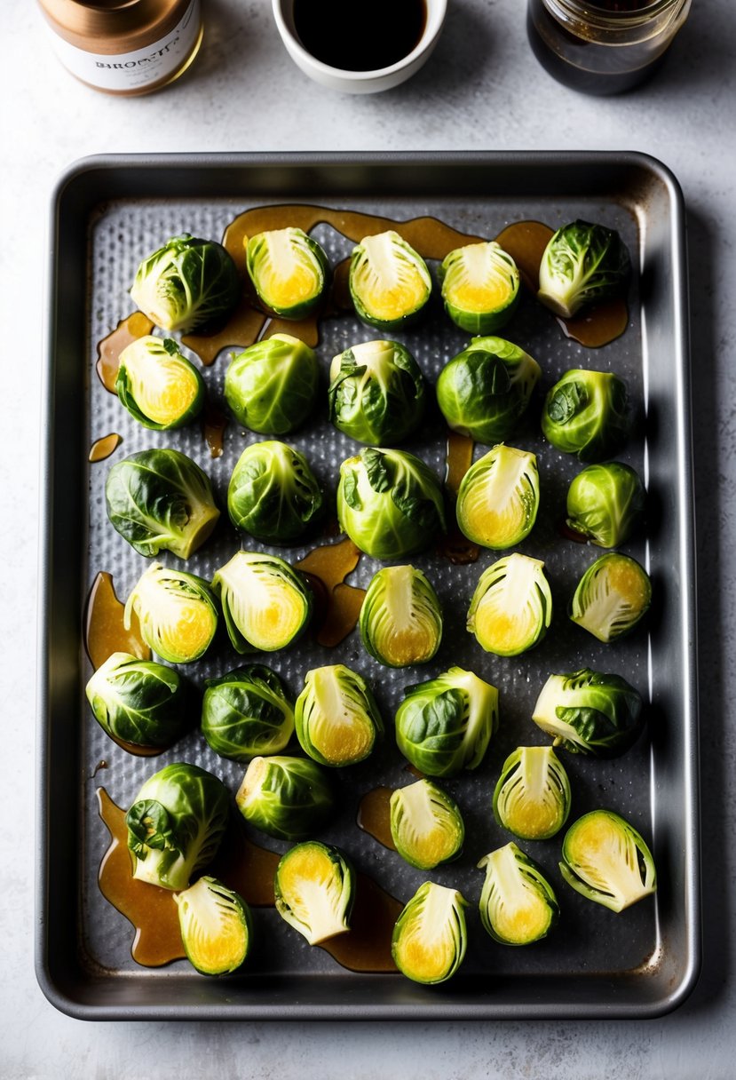 Brussels sprouts arranged on a baking sheet, drizzled with maple syrup and ready to be roasted