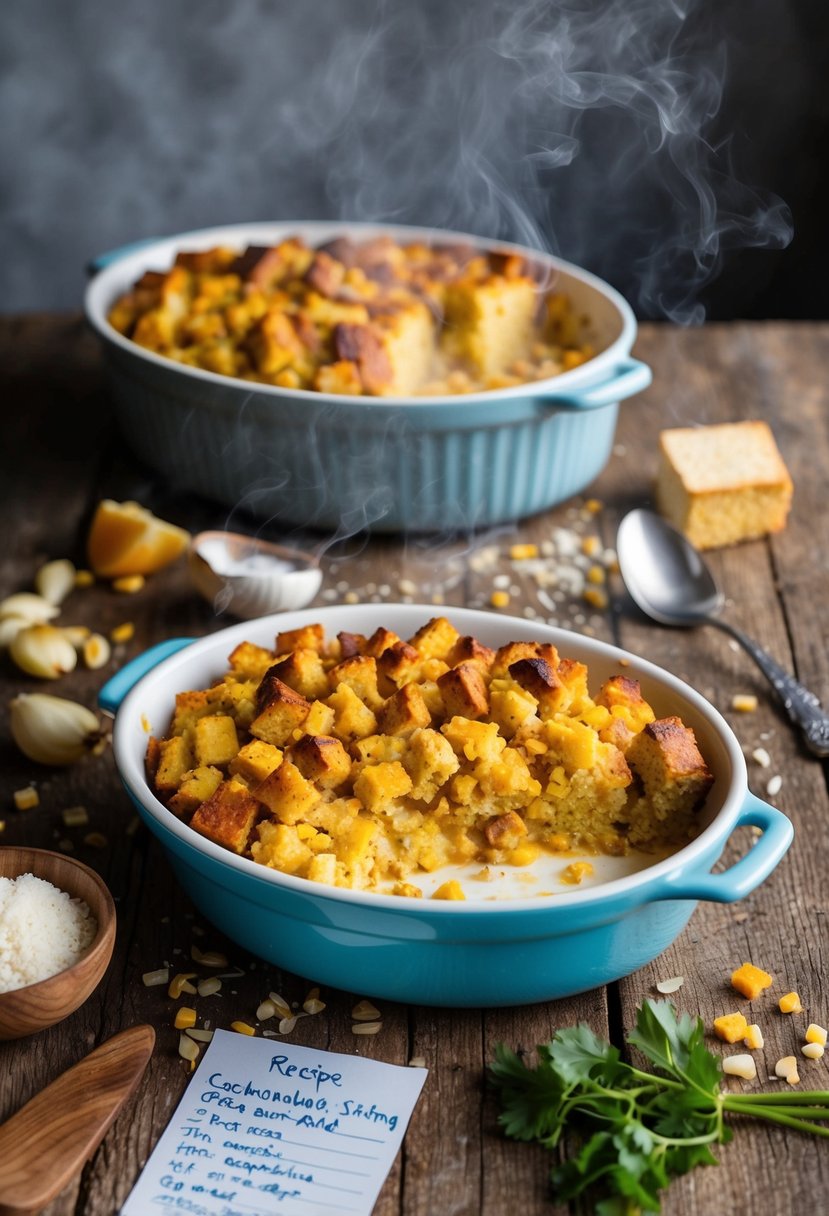 A rustic kitchen table set with a steaming casserole dish of cornbread stuffing, surrounded by scattered ingredients and a handwritten recipe card