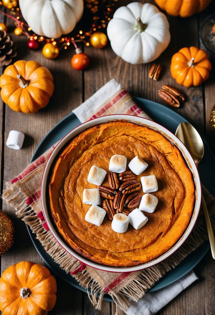 A rustic wooden table set with a golden brown sweet potato casserole, adorned with marshmallows and pecans, surrounded by festive autumn decor