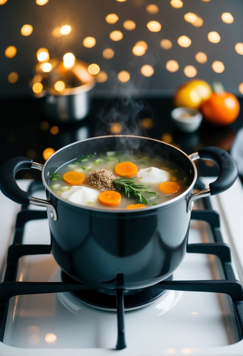 A simmer pot on a stove with ingredients for Imbolc recipes