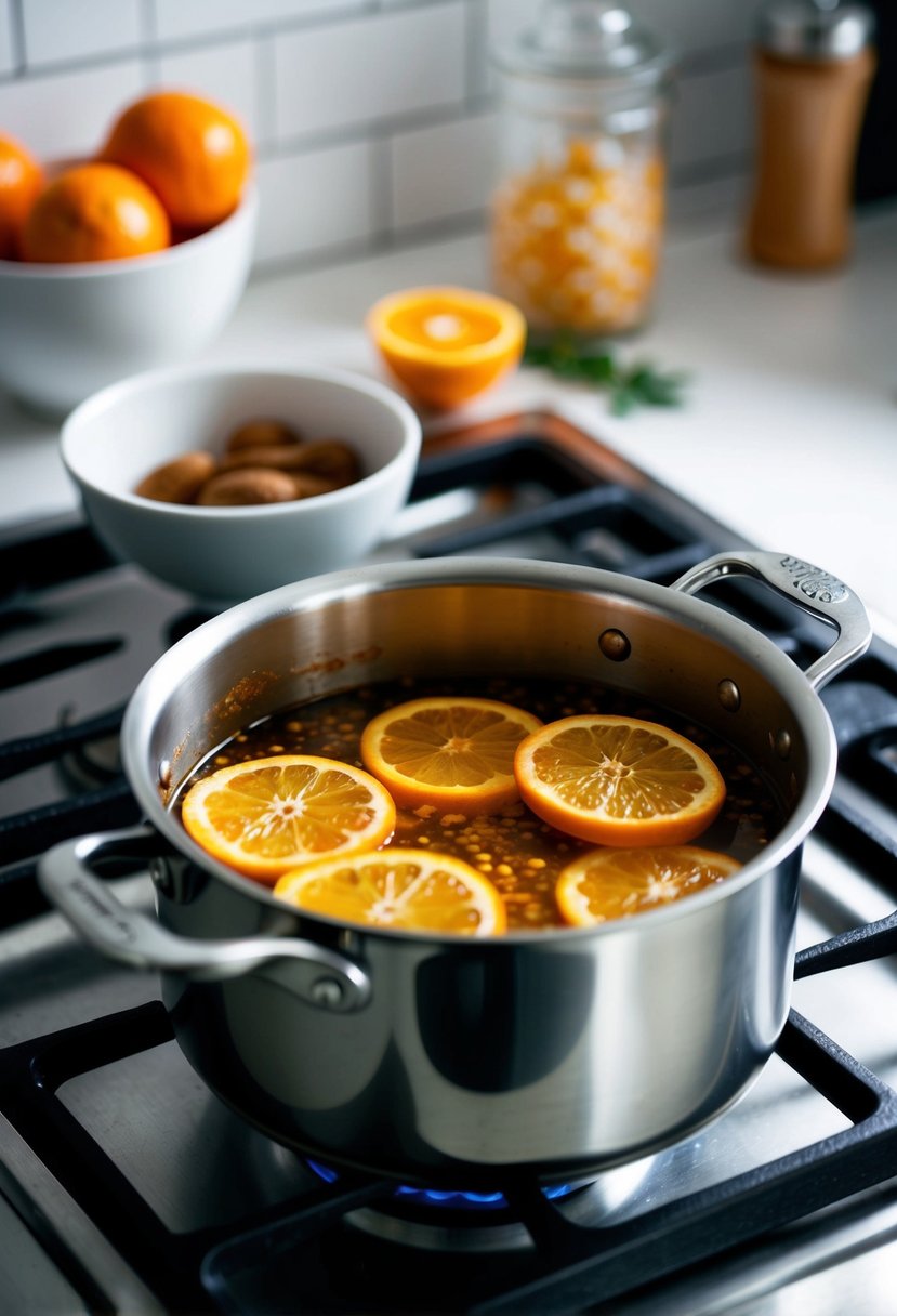 A pot of simmering citrus and spice on a stovetop