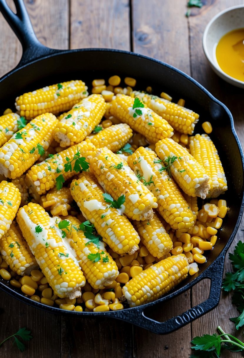 A cast-iron skillet filled with golden corn kernels, drizzled with honey butter and garnished with fresh herbs, set on a rustic wooden table