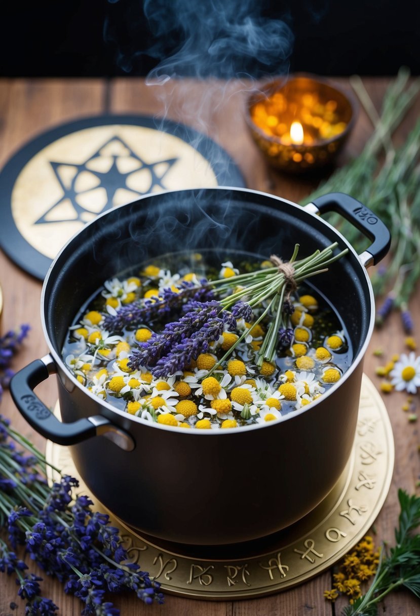 A simmering pot filled with lavender and chamomile, surrounded by imbolc symbols and herbs