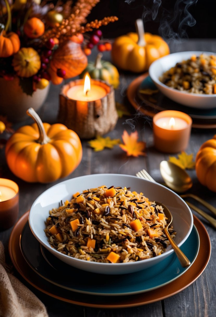 A festive Thanksgiving table set with a steaming dish of wild rice pilaf surrounded by autumnal decorations and warm candlelight