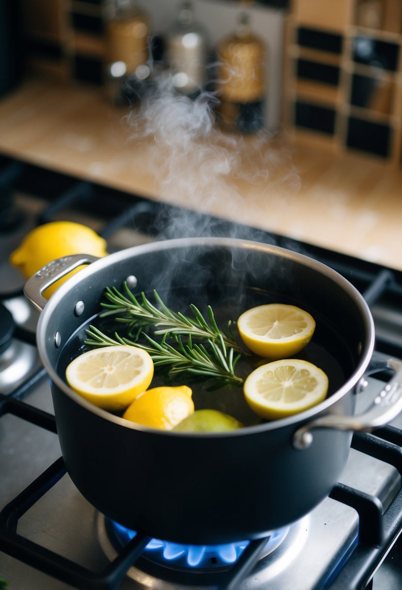 A pot on a stove with rosemary and lemon simmering in water, releasing a fresh and invigorating aroma