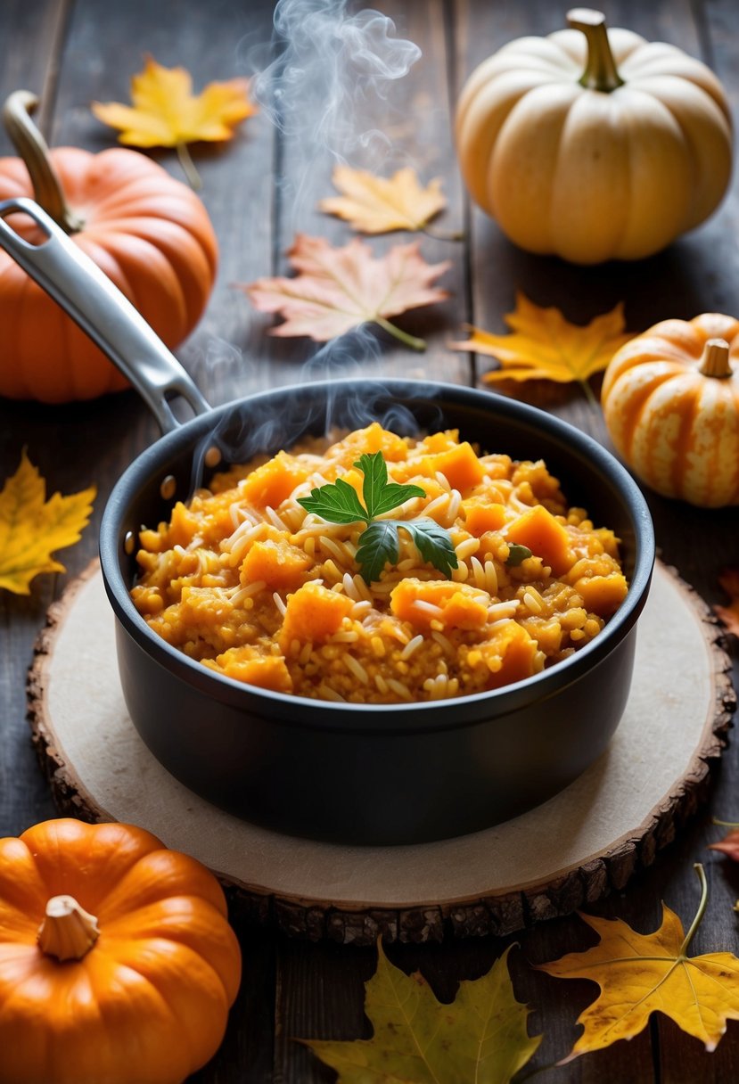 A steaming pot of butternut squash risotto surrounded by autumn leaves and gourds on a rustic wooden table