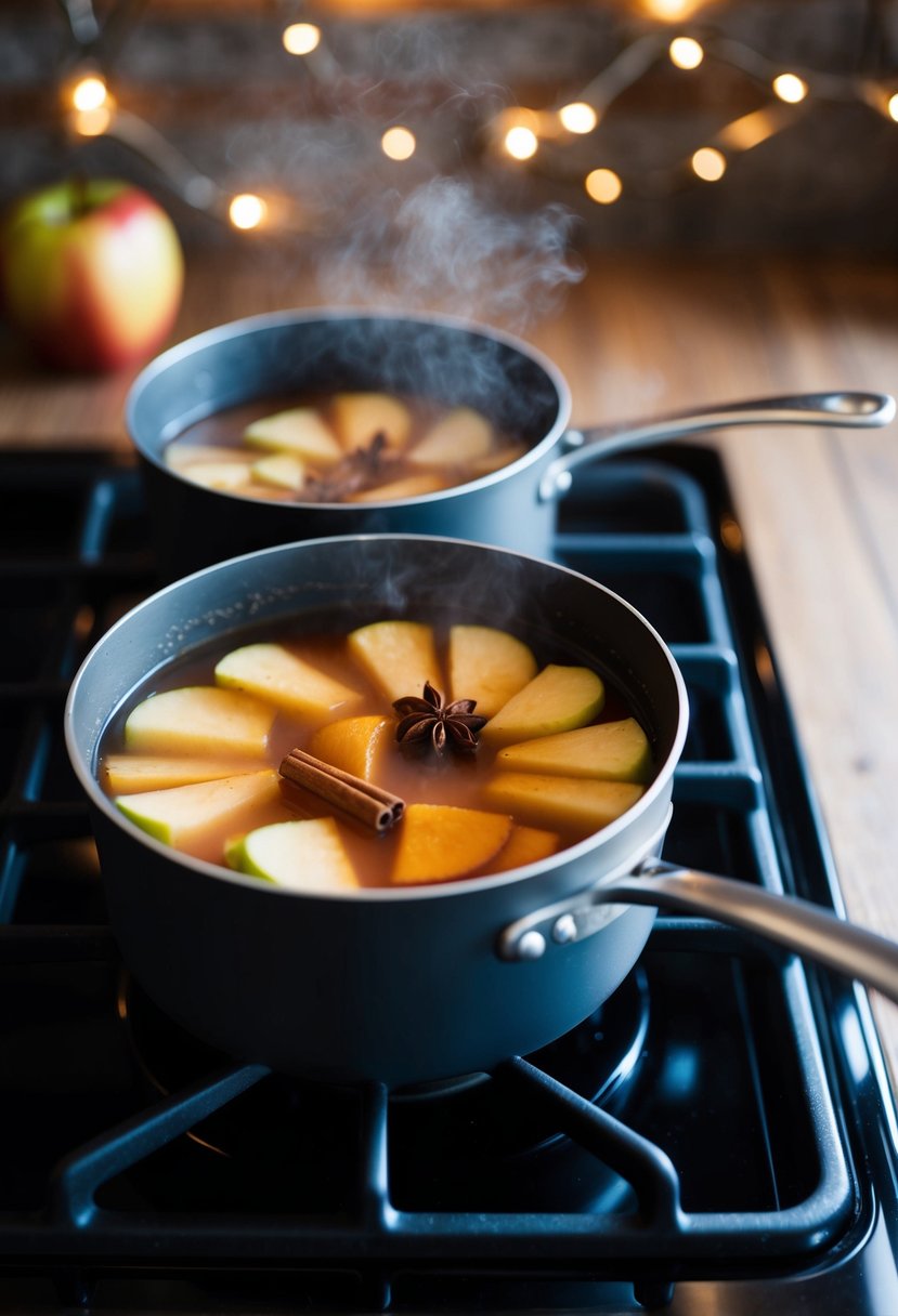 A pot of apple cider and spice simmers on a stove, filling the air with a comforting aroma