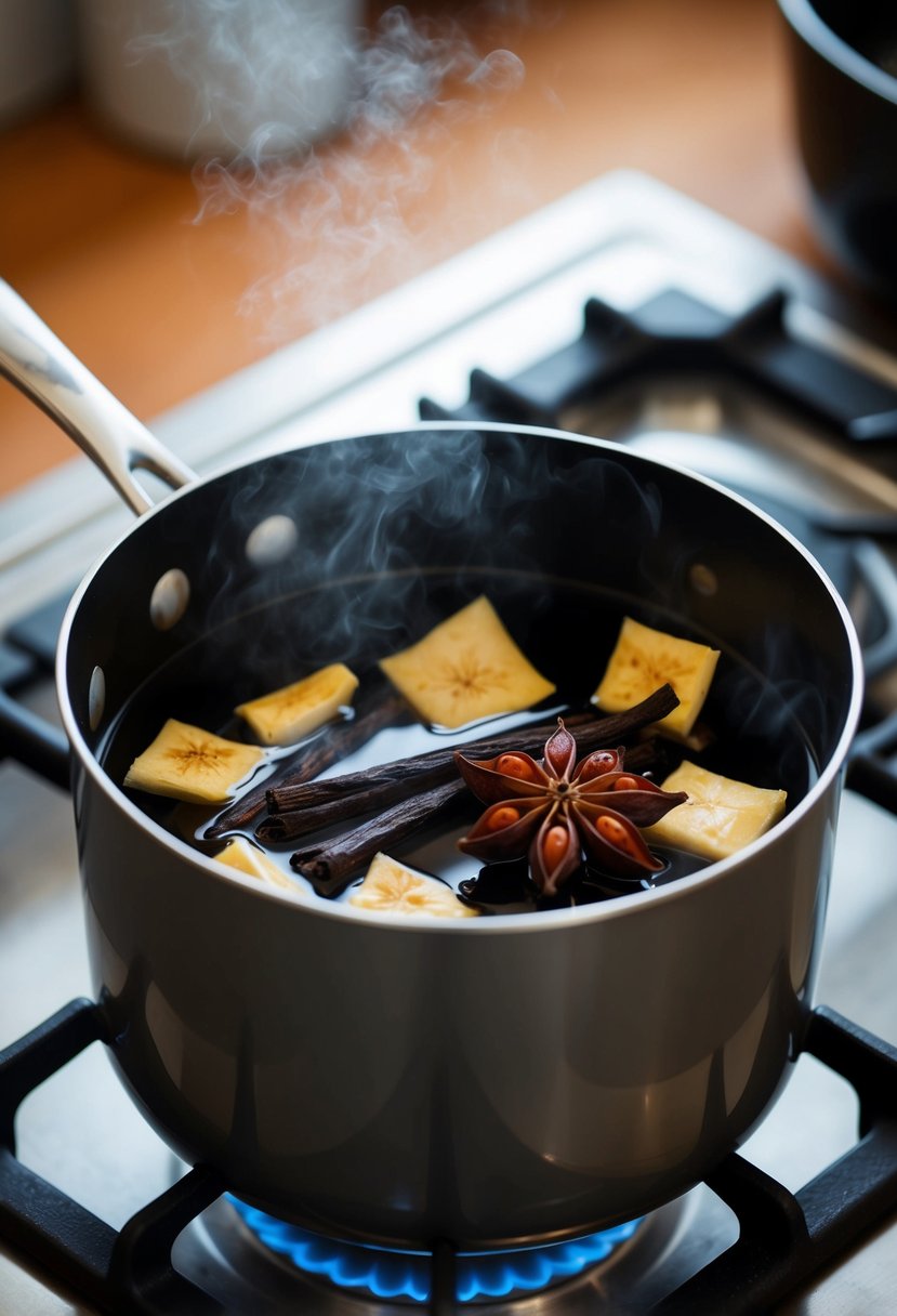 A pot on a stove with vanilla pods and star anise simmering in water, emitting a warm and cozy aroma