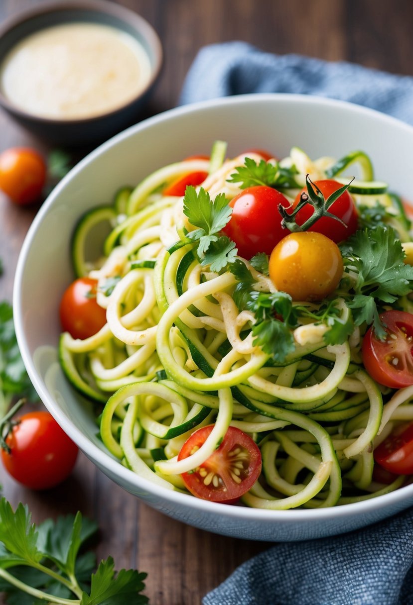 A colorful bowl of spiralized zucchini noodles topped with fresh herbs, cherry tomatoes, and a tangy Thai dressing