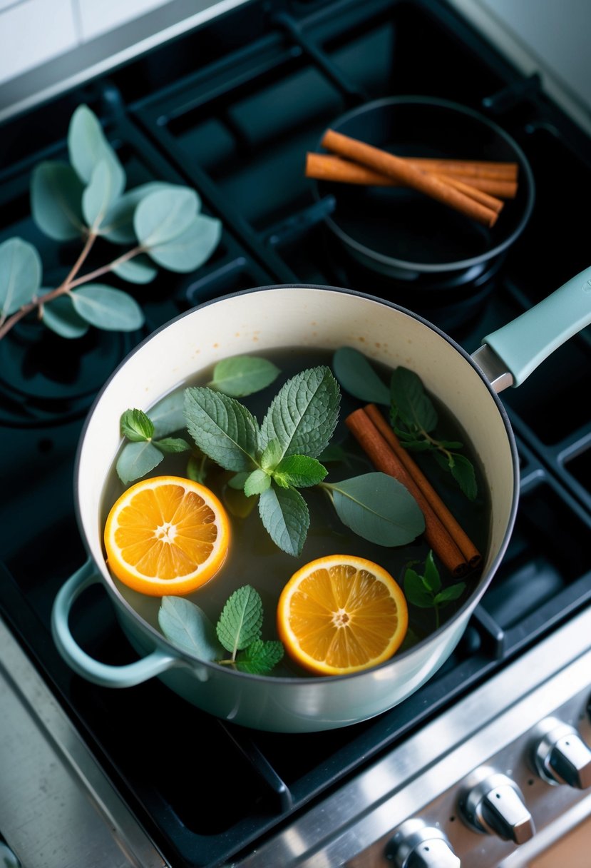 A simmer pot with eucalyptus and mint leaves, citrus slices, and cinnamon sticks on a stovetop