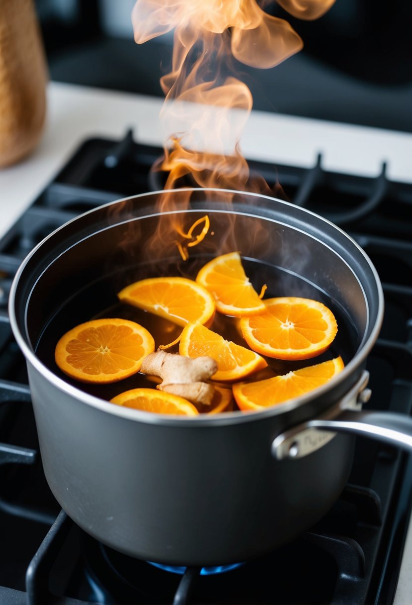 A pot simmering on a stove with orange peels and ginger zest floating in the water, releasing a warm and inviting aroma