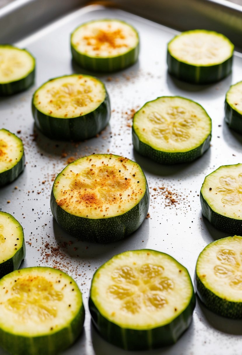 Fresh zucchini slices sprinkled with paprika, arranged on a baking sheet