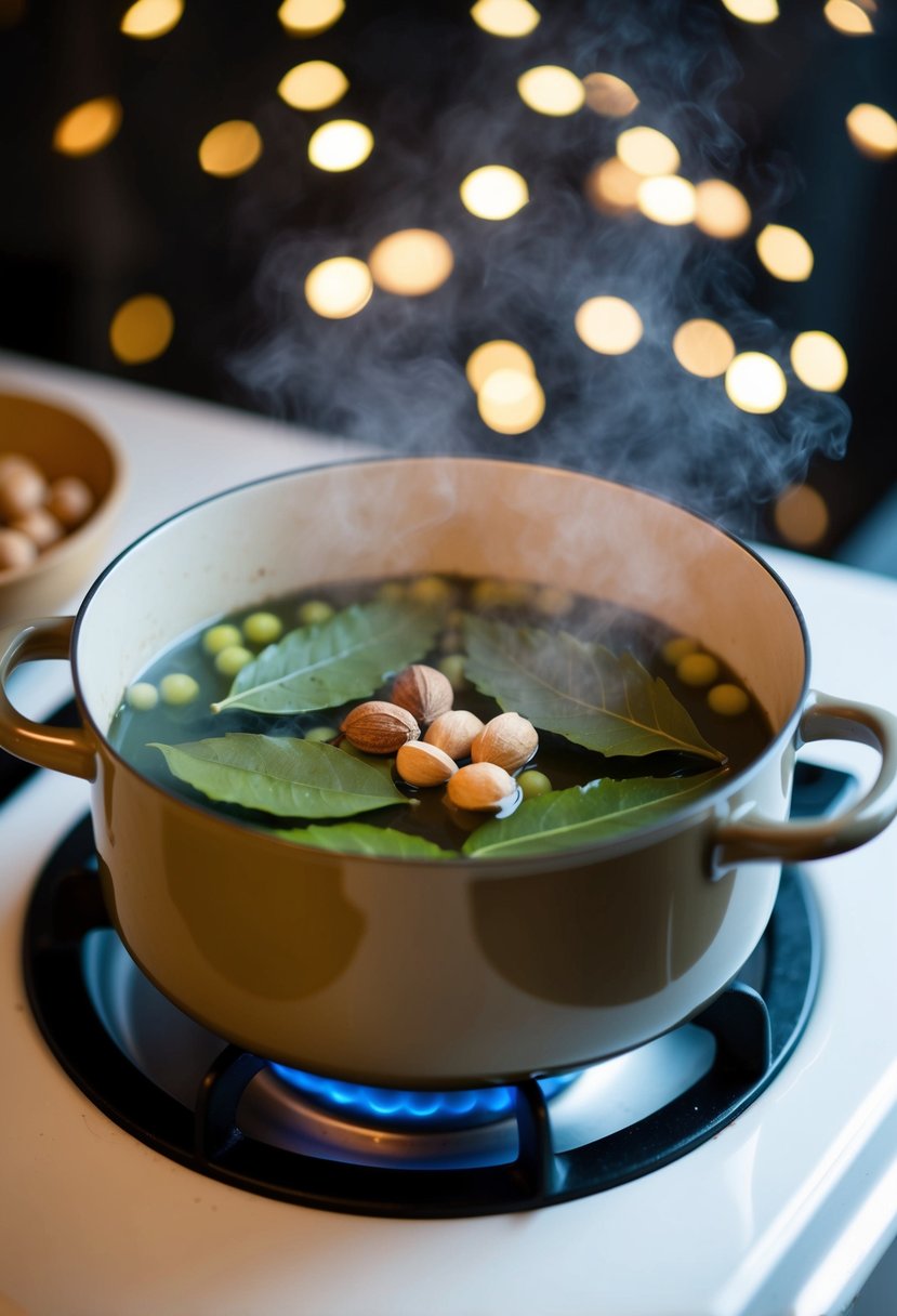 A pot on a stove with bay leaves and nutmeg simmering in water, creating a cozy atmosphere