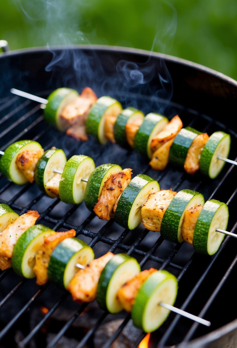 Fresh zucchini and seasoned chicken pieces threaded onto skewers, ready for grilling over a smoky barbecue