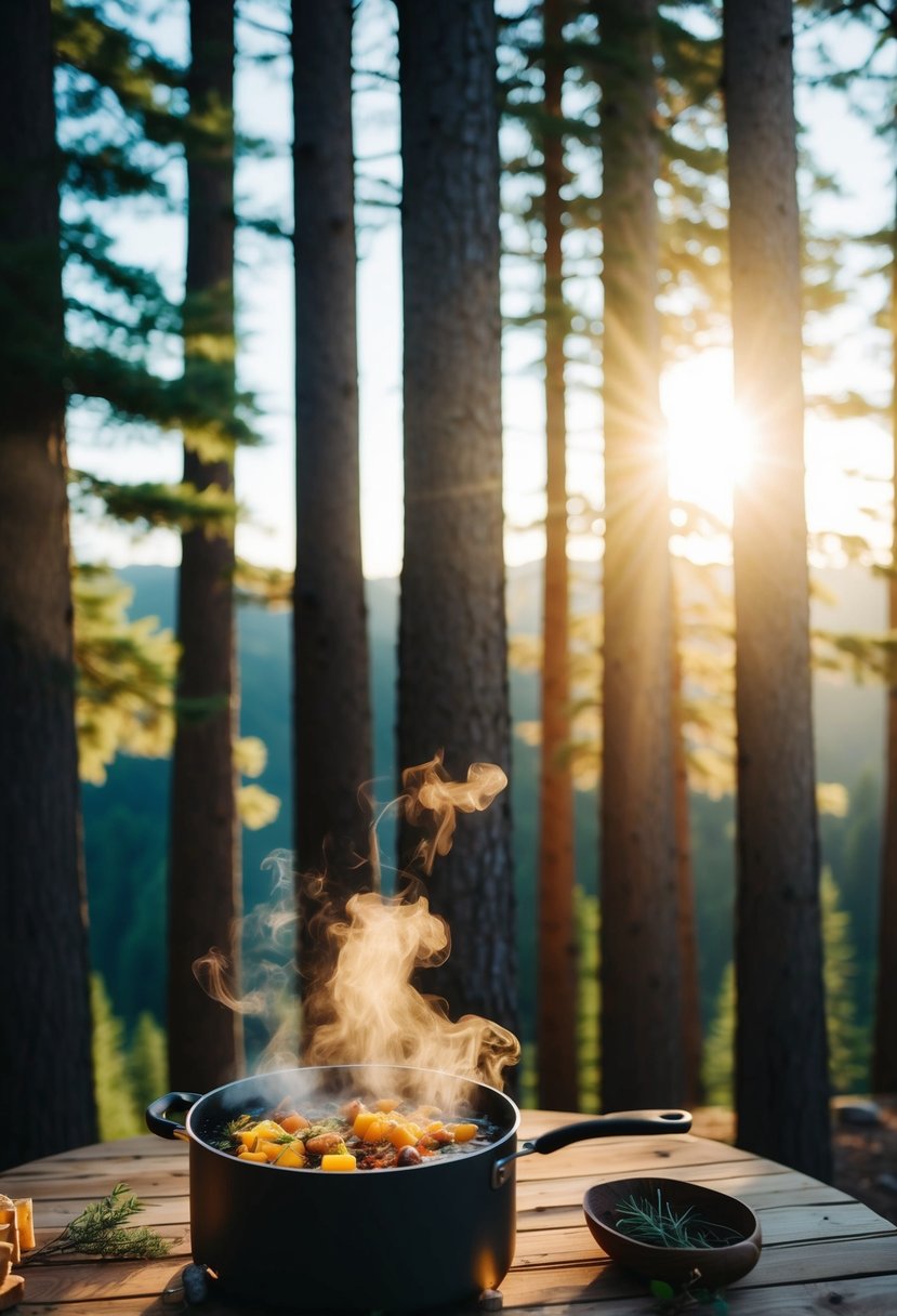 Sunlight filters through tall pine and cedar trees, casting dappled shadows on a bubbling simmer pot filled with fragrant imbolc ingredients