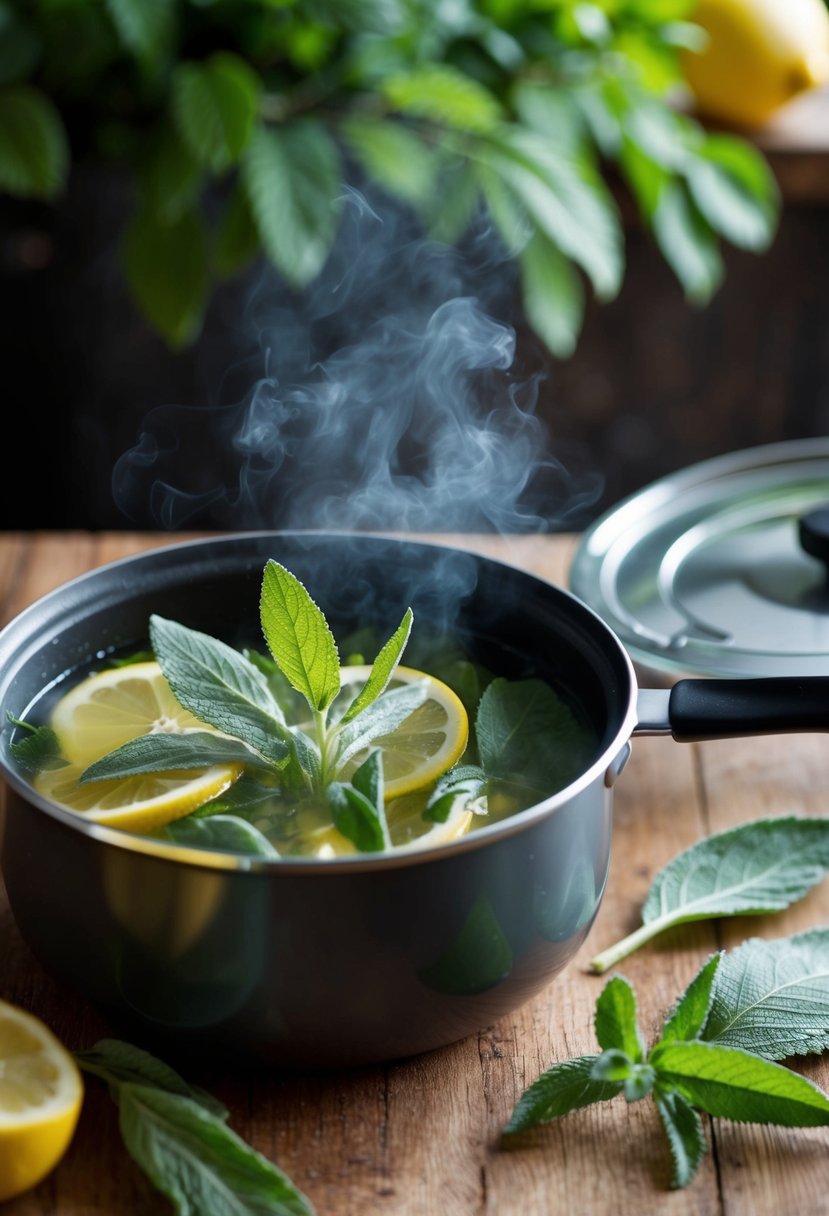 A simmer pot filled with sage and lemon balm, emitting a refreshing and invigorating aroma