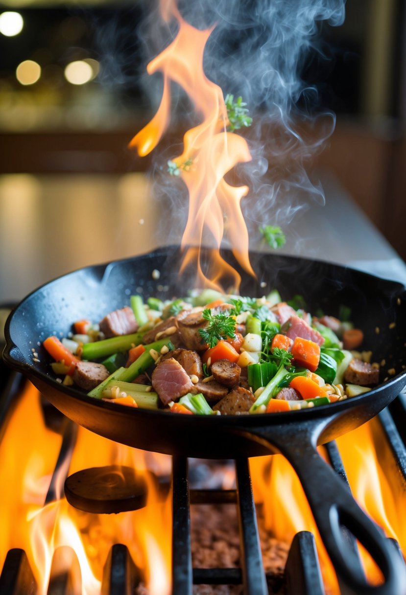 A sizzling skillet with assorted vegetables and meats being tossed together over a high flame