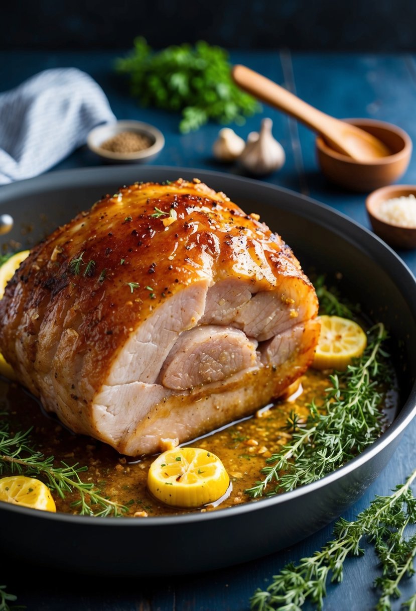 A sizzling pork roast glazed with honey and garlic, surrounded by fresh herbs and spices on a roasting pan