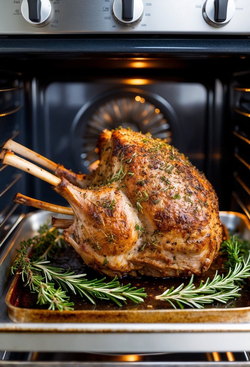 A succulent herb-crusted lamb roast sizzling in the oven, surrounded by sprigs of rosemary and thyme