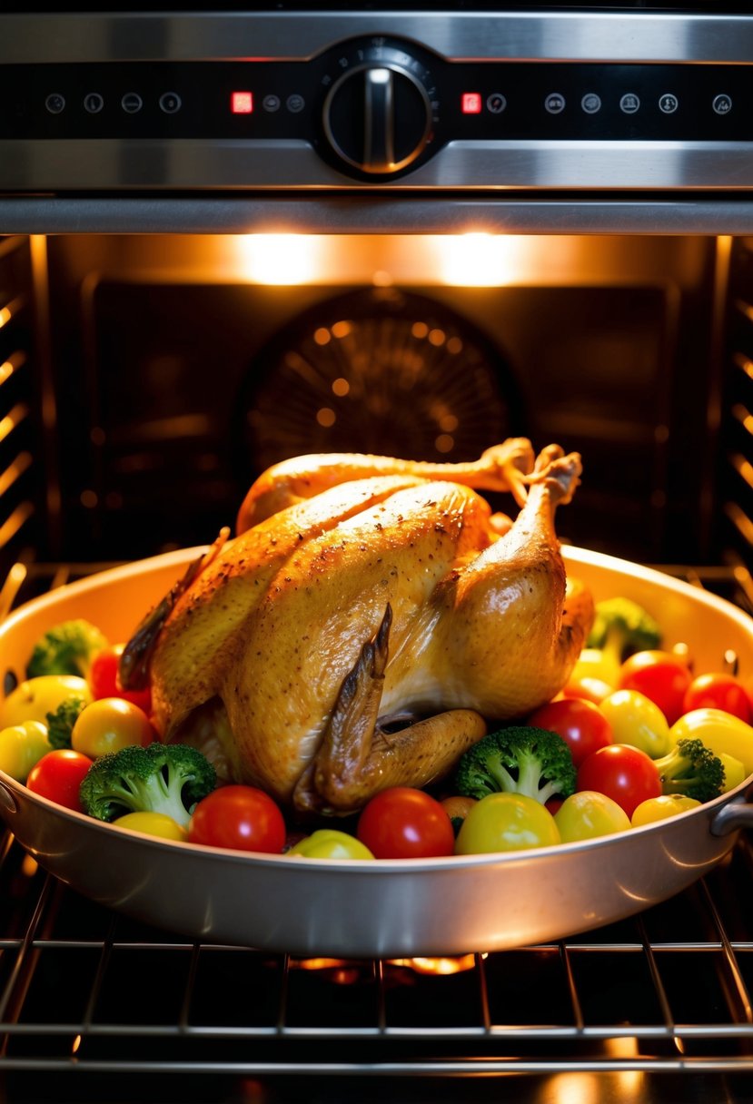 A whole chicken surrounded by colorful vegetables on a roasting pan in a hot oven