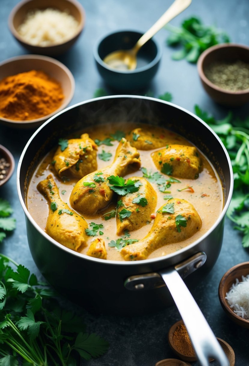 A pot of simmering Indian coconut curry chicken surrounded by aromatic spices and fresh herbs