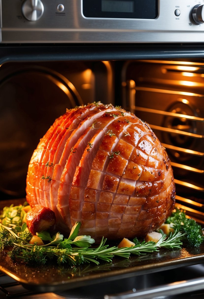 A succulent ham glistening with maple glaze, surrounded by fresh herbs and spices, roasting in a hot oven