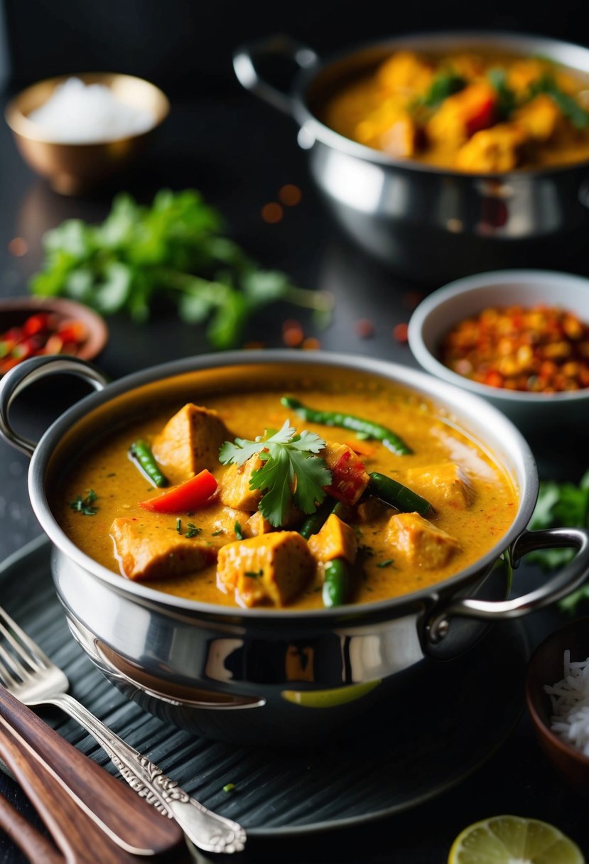 A simmering pot of Indian coconut curry chicken with aromatic spices and vibrant vegetables