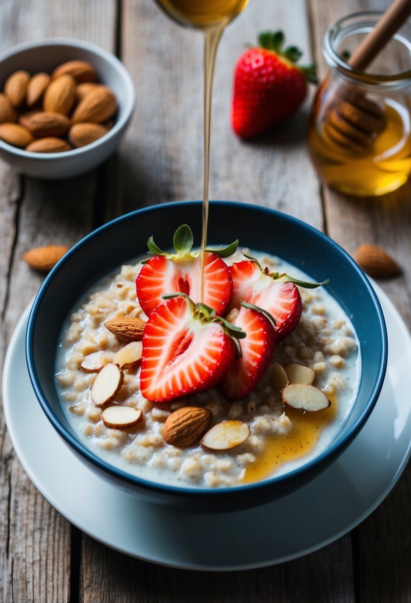 A bowl of oatmeal topped with fresh strawberries, sliced almonds, and a drizzle of honey, placed on a rustic wooden table