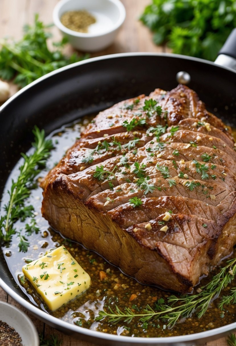 A sizzling beef roast sizzling in a skillet with garlic butter, surrounded by fresh herbs and spices