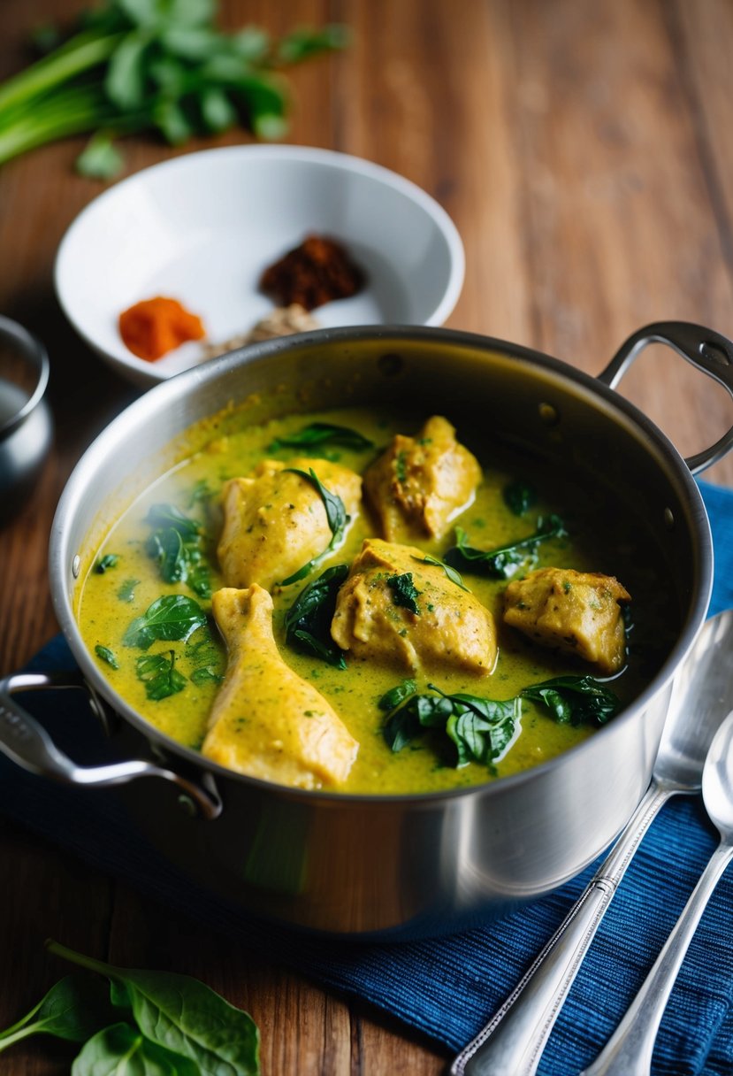 A steaming pot of coconut curry chicken simmering with spinach and aromatic spices