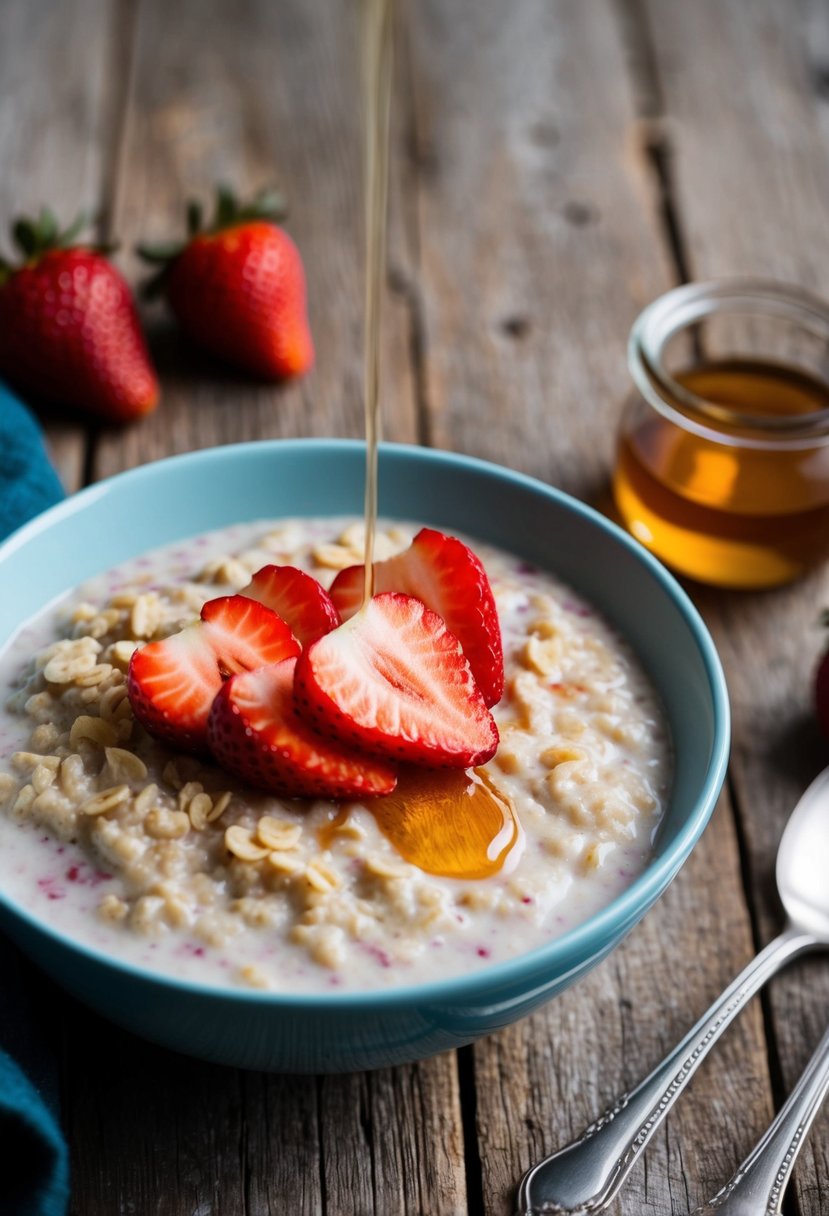 A bowl of creamy oatmeal topped with fresh sliced strawberries and a drizzle of honey, set on a rustic wooden table