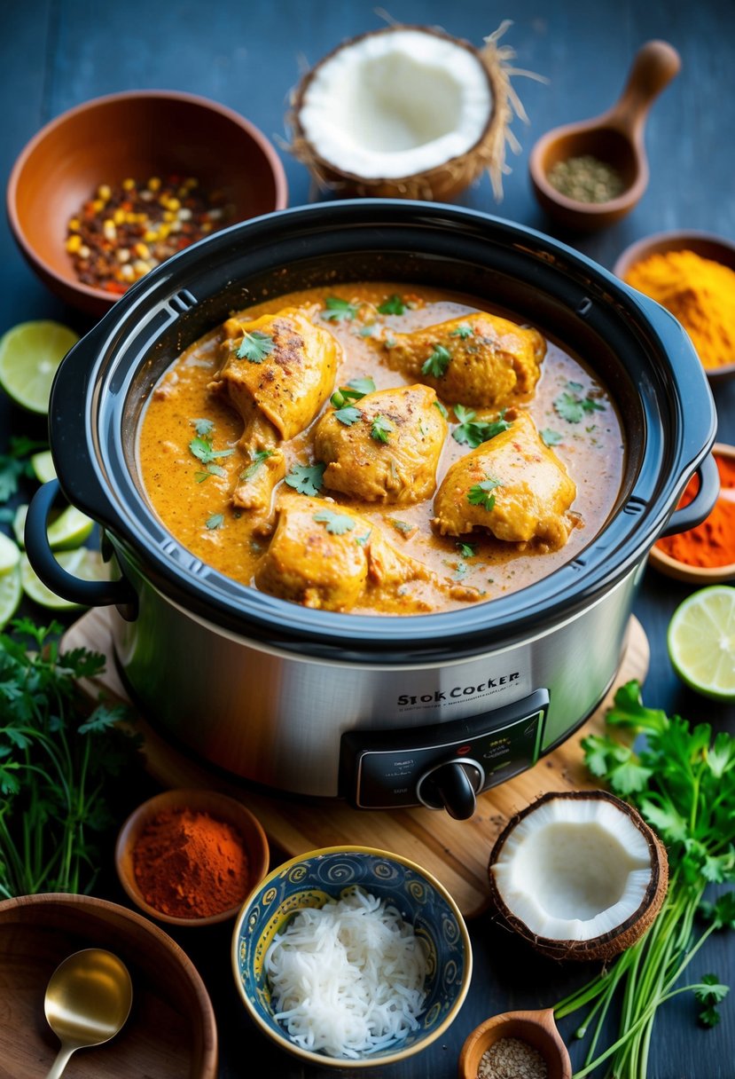 A bubbling slow cooker filled with aromatic coconut curry chicken, surrounded by vibrant Indian spices and fresh herbs