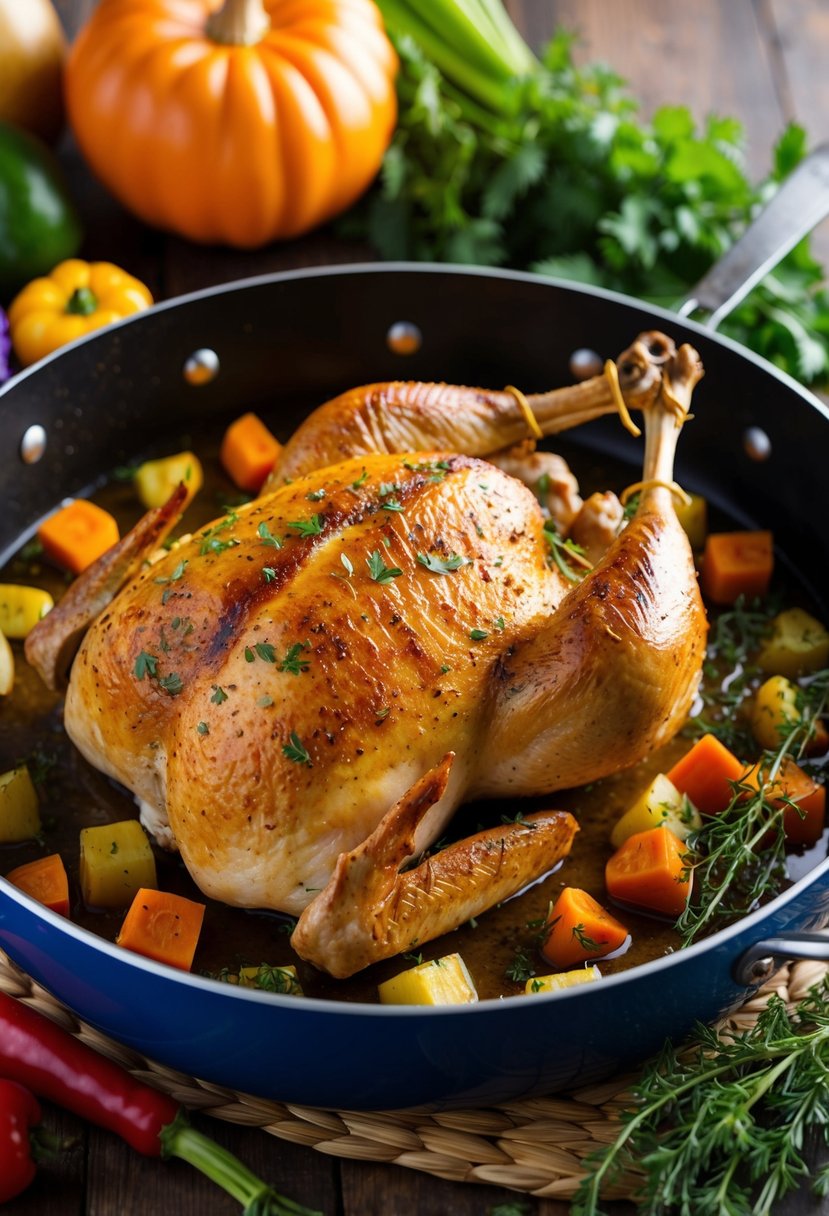 A Cajun-spiced turkey breast sizzling in a roasting pan, surrounded by colorful vegetables and aromatic herbs