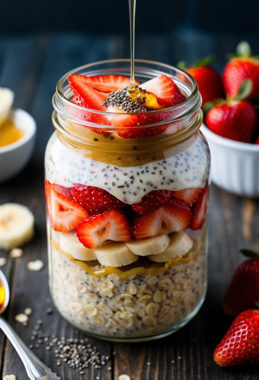 A glass jar filled with layers of oats, sliced strawberries, and mashed bananas, topped with a sprinkle of chia seeds and a drizzle of honey