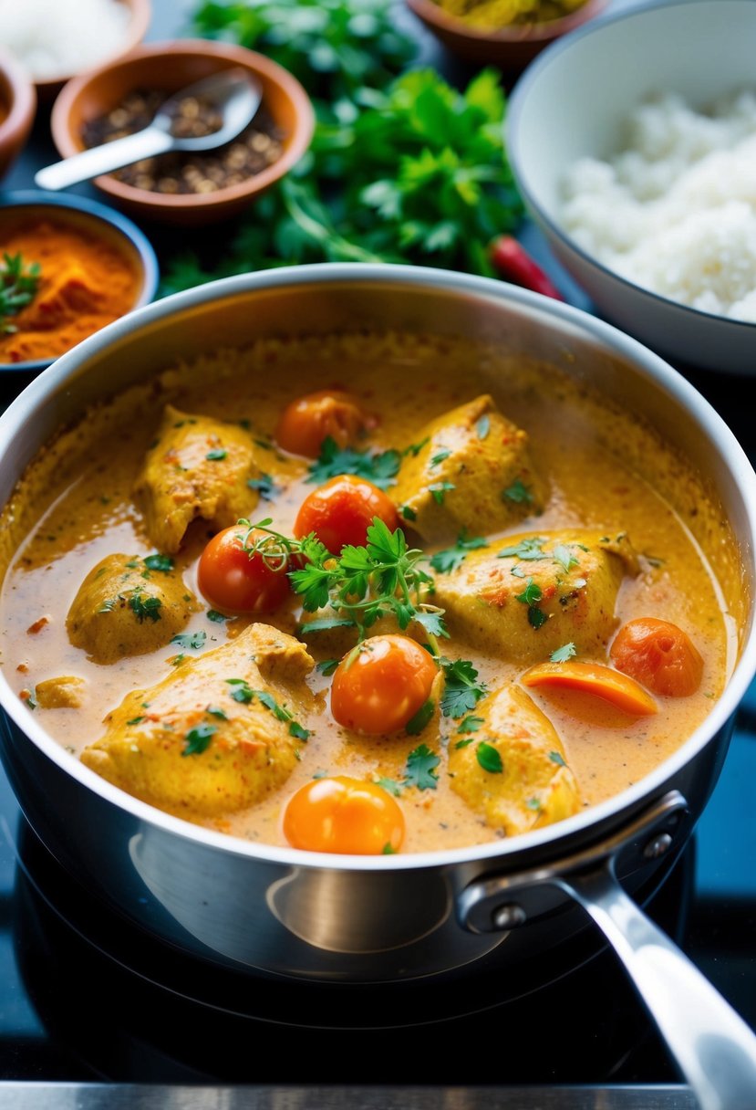 A bubbling pot of creamy coconut tomato curry chicken simmering on a stove, surrounded by vibrant Indian spices and fresh herbs