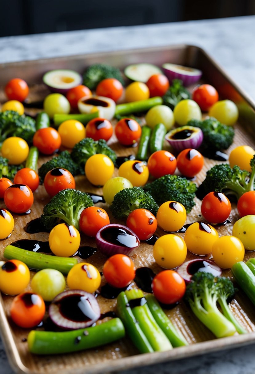 A variety of colorful vegetables arranged on a baking sheet, drizzled with balsamic vinegar and olive oil, ready for roasting