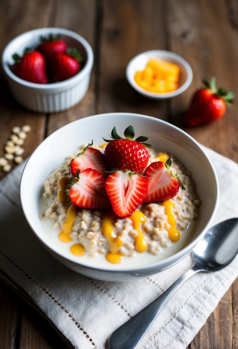 A bowl of creamy oatmeal topped with fresh strawberries and a drizzle of cheesecake sauce, set on a wooden table