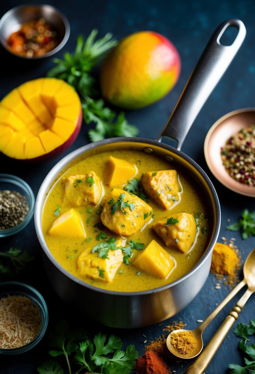 A bubbling pot of coconut chicken curry with chunks of mango, surrounded by vibrant Indian spices and herbs