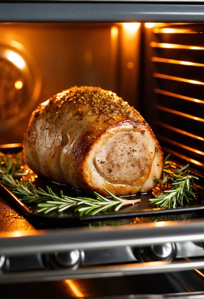 A pork loin sizzling in a hot oven, surrounded by sprigs of rosemary and sprinkled with spicy seasoning