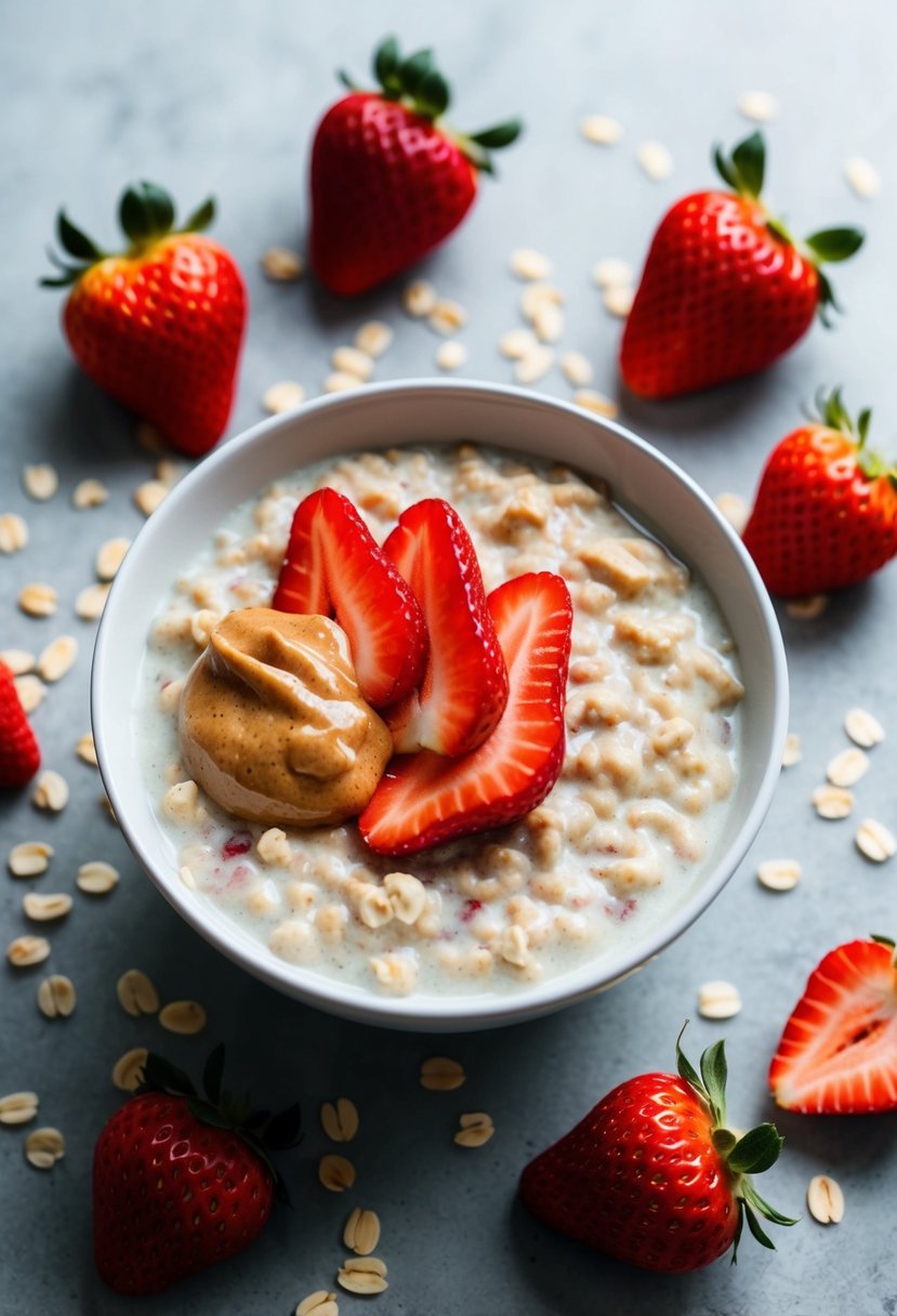 A bowl of creamy oatmeal topped with sliced strawberries and a dollop of almond butter, surrounded by scattered oats and whole strawberries