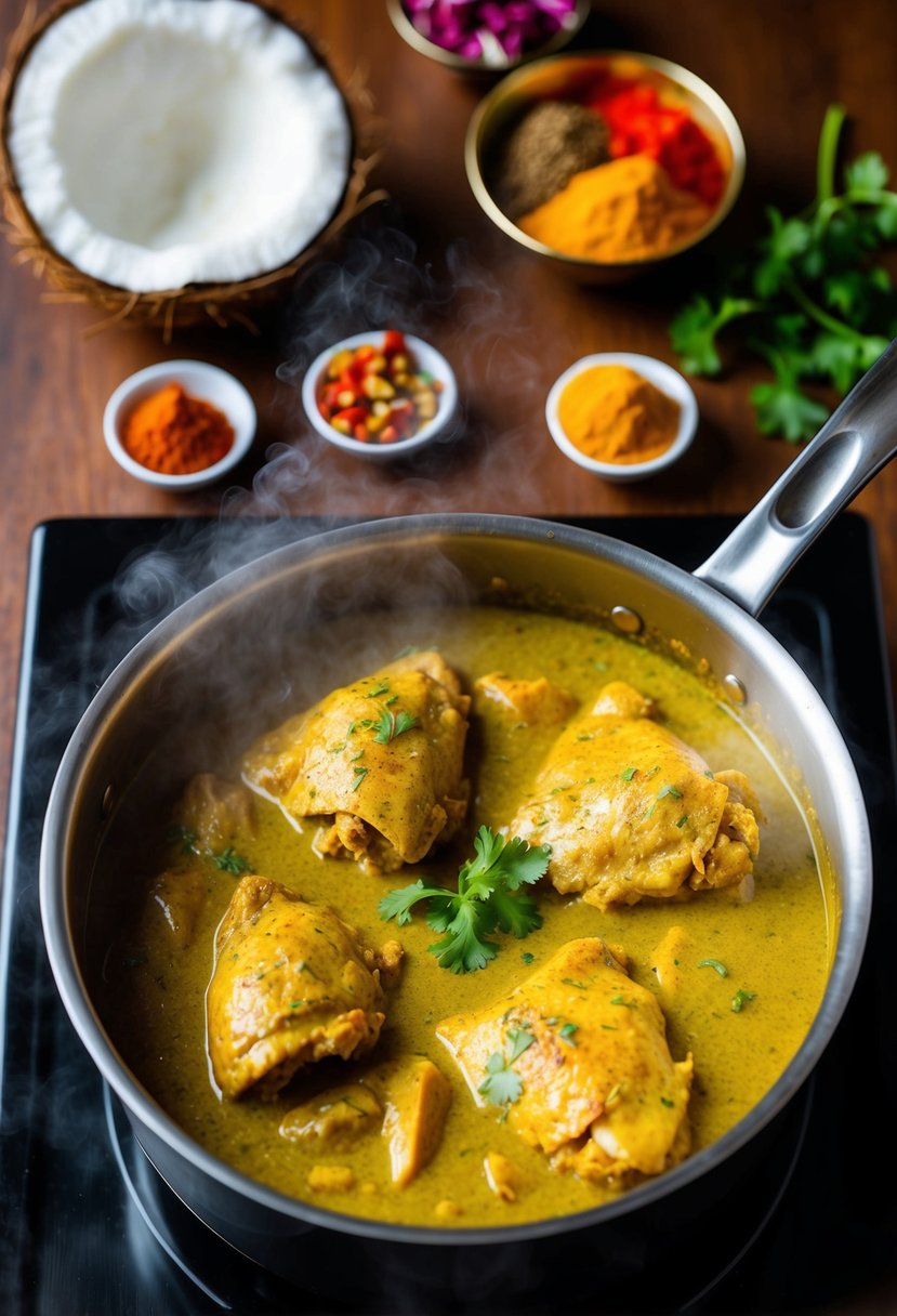 A steaming pot of coconut curry chicken simmering on a stove, surrounded by vibrant Indian spices and fresh coconut milk