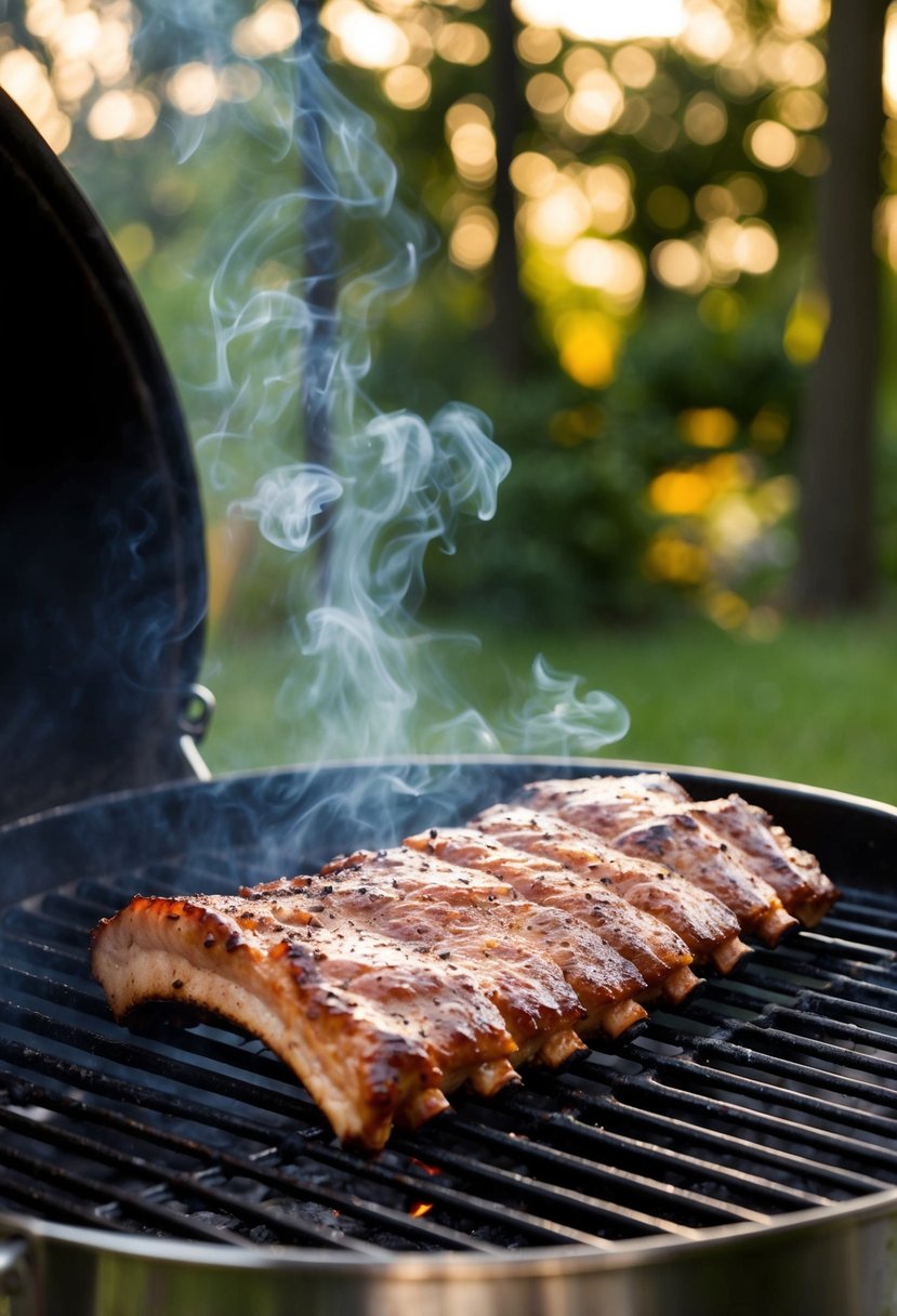 A rack of ribs sizzling on a grill, smoke rising as the sweet and smoky aroma fills the air