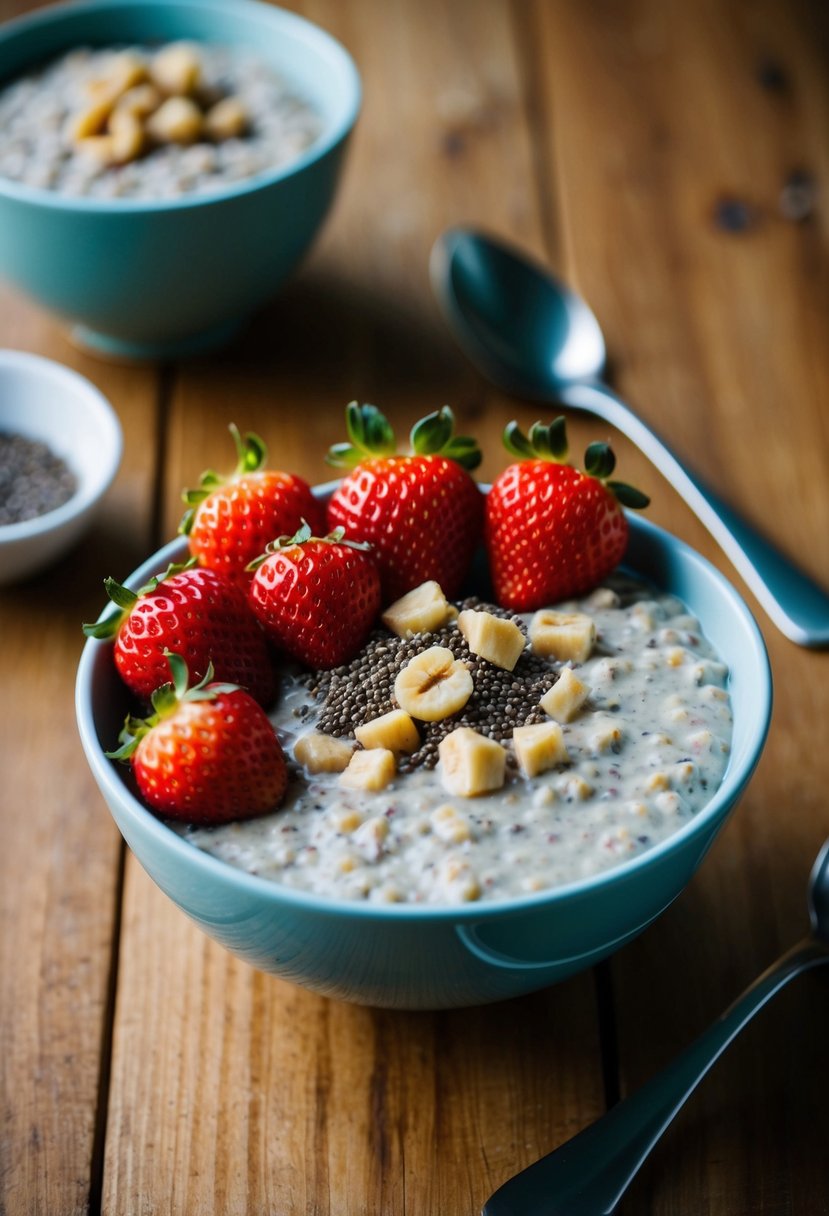 A bowl of creamy oatmeal topped with chia seed pudding and fresh strawberries, set on a wooden table with a spoon beside it