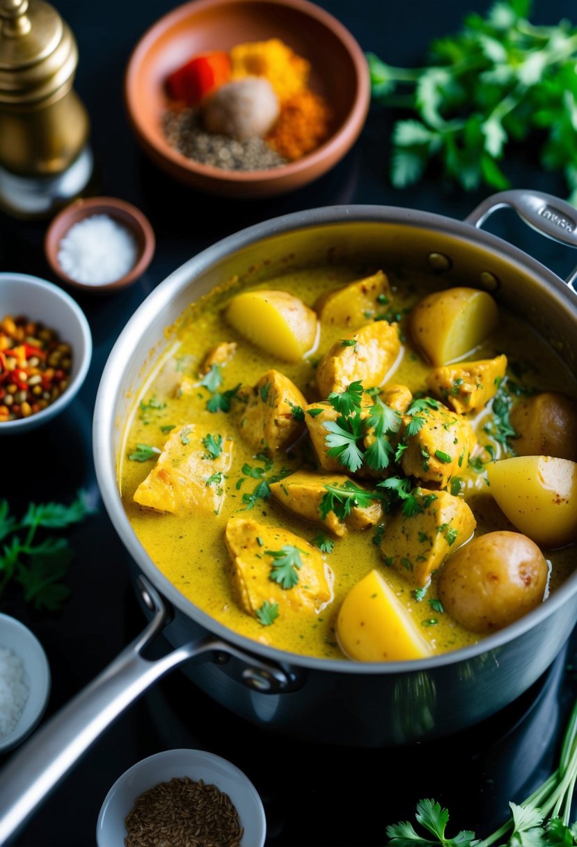 A bubbling pot of Indian coconut curry chicken and potatoes simmers on a stovetop, surrounded by vibrant spices and fresh herbs