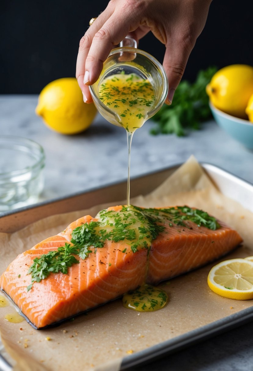 A whole salmon fillet being drizzled with lemon herb marinade before being placed on a baking tray lined with parchment paper