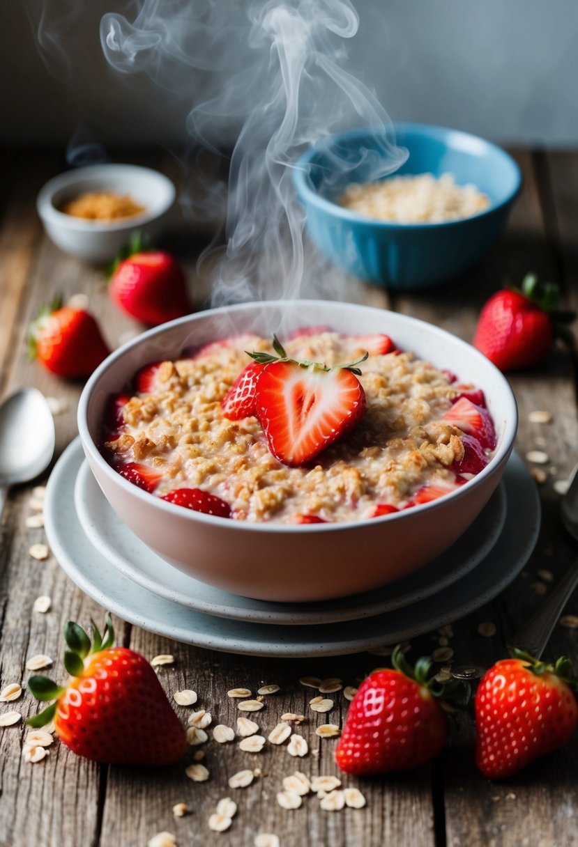 A rustic kitchen table set with a steaming bowl of baked strawberry oatmeal, surrounded by fresh strawberries and a sprinkle of oats