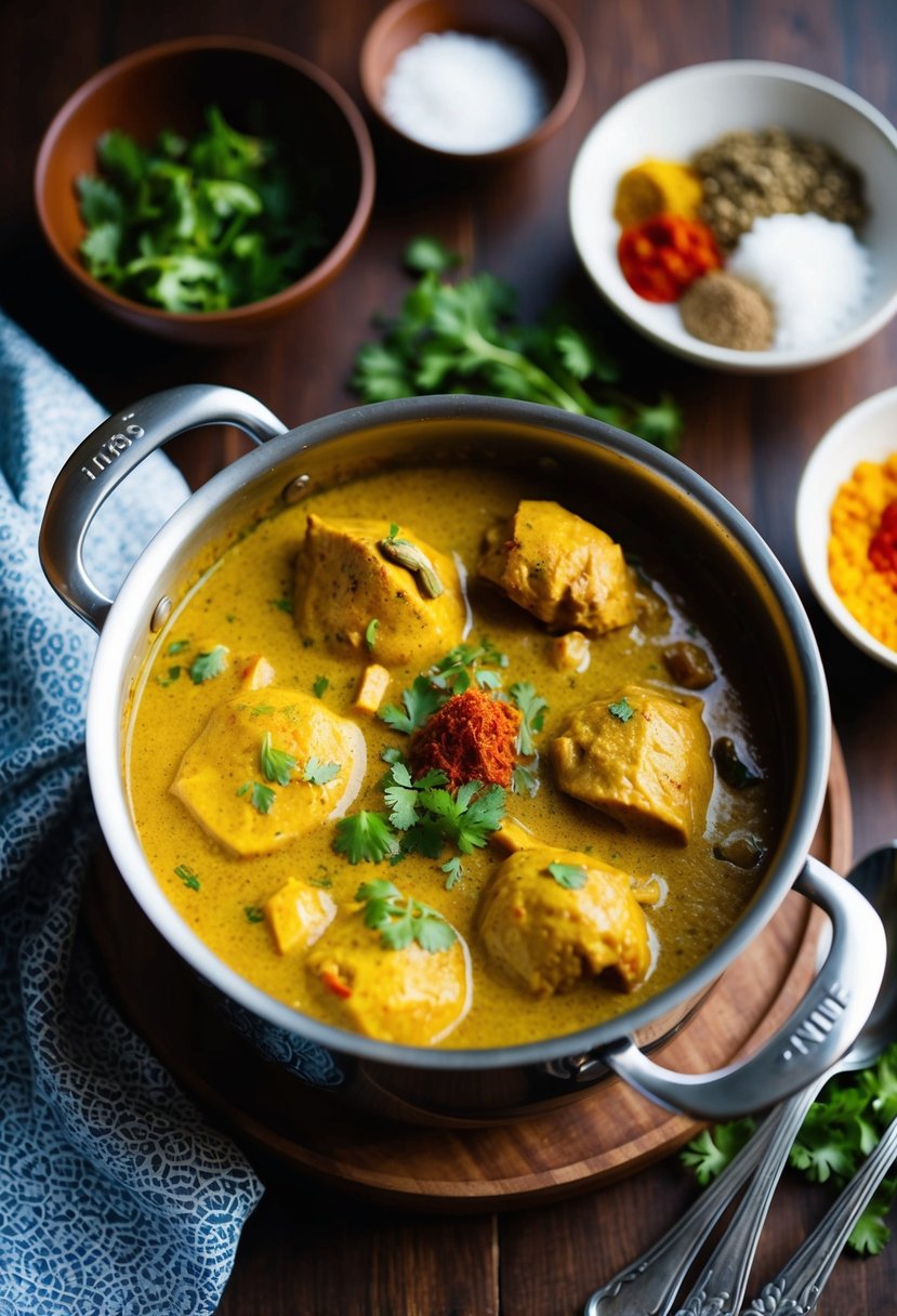 A simmering pot of South Indian coconut curry chicken with colorful spices and herbs