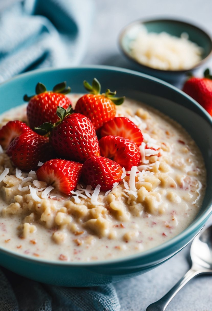 A bowl of creamy oatmeal topped with fresh strawberries and shredded coconut