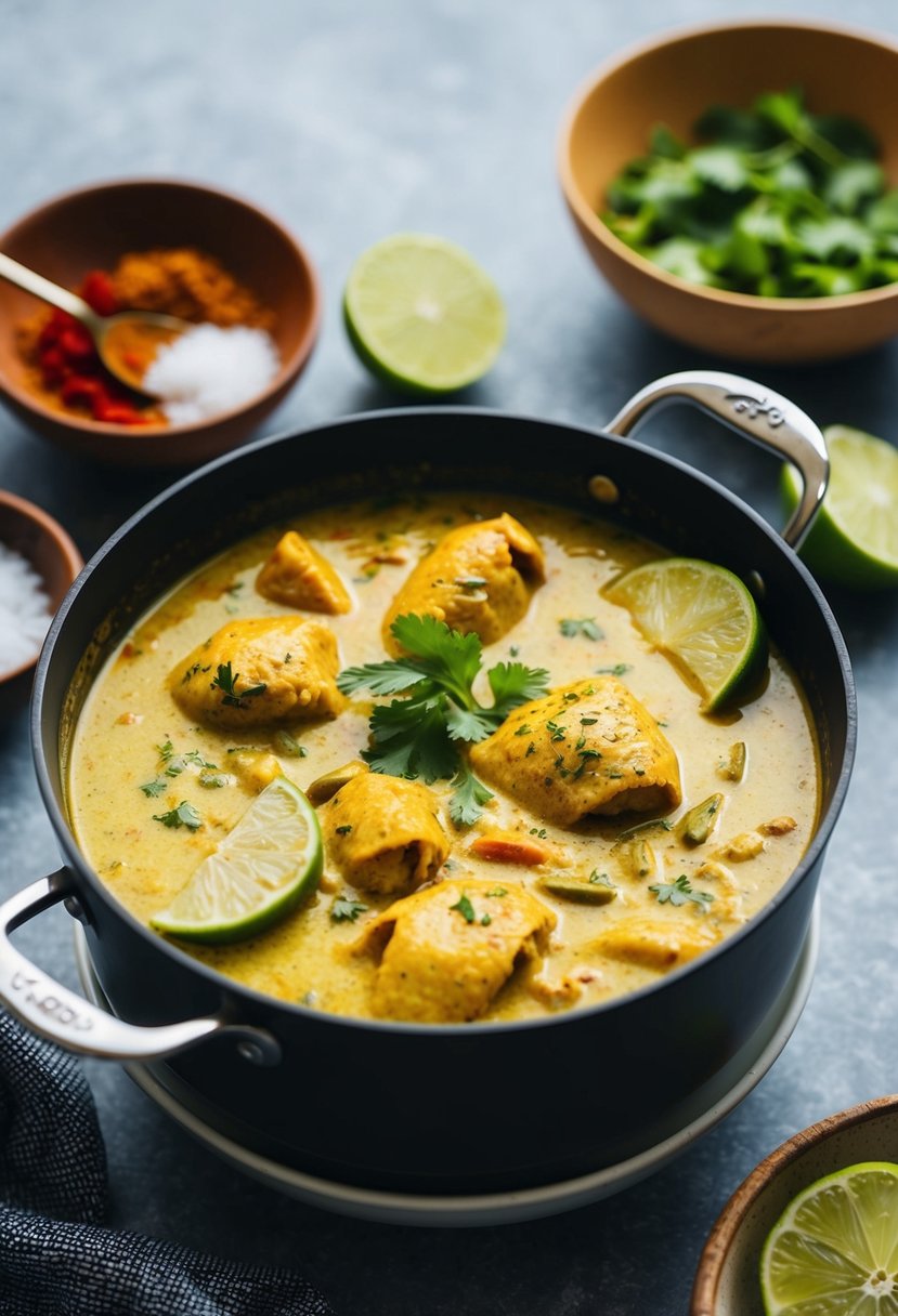 A simmering pot of coconut lime chicken curry with aromatic Indian spices