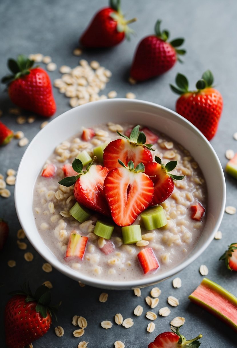 A bowl of oatmeal topped with sliced strawberries and rhubarb, surrounded by scattered oats and fresh fruit